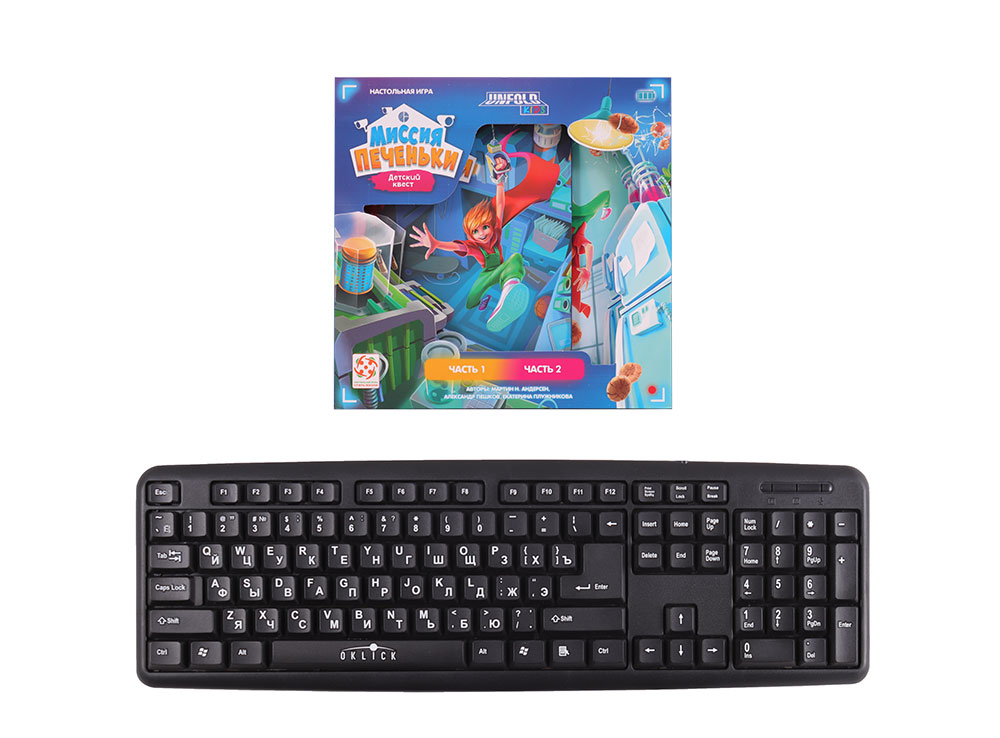 Коробка настольной игры Миссия Печеньки в сравнении с клавиатурой