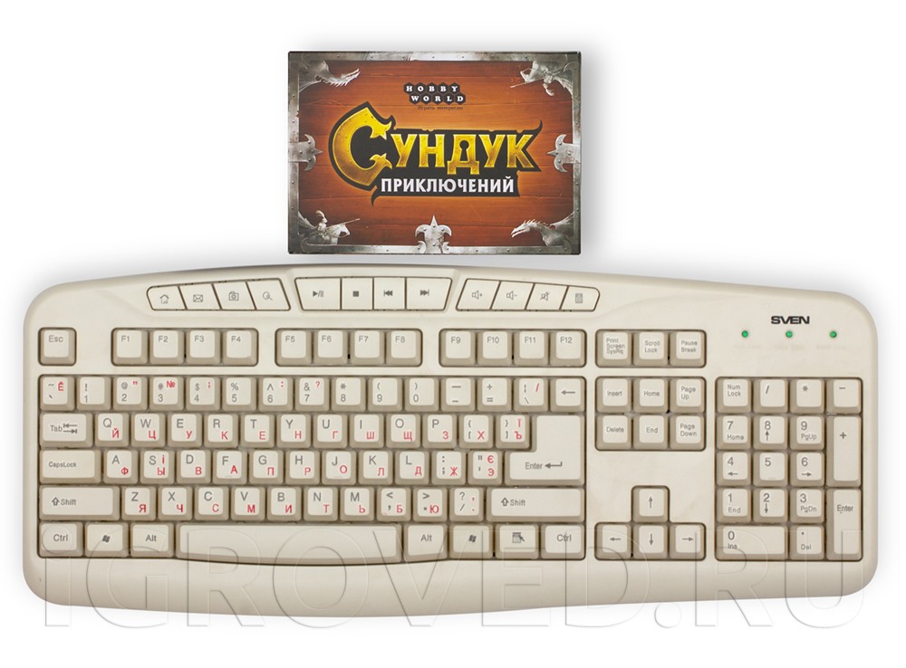 Коробка настольной игры Сундук приключений в сравнении с клавиатурой