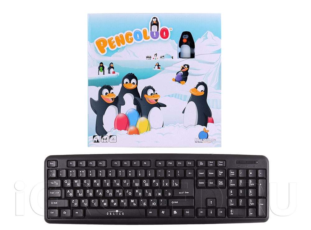 Коробка с настольной игрой Земля пингвинов (Pengoloo) по сравнению с клавиатурой