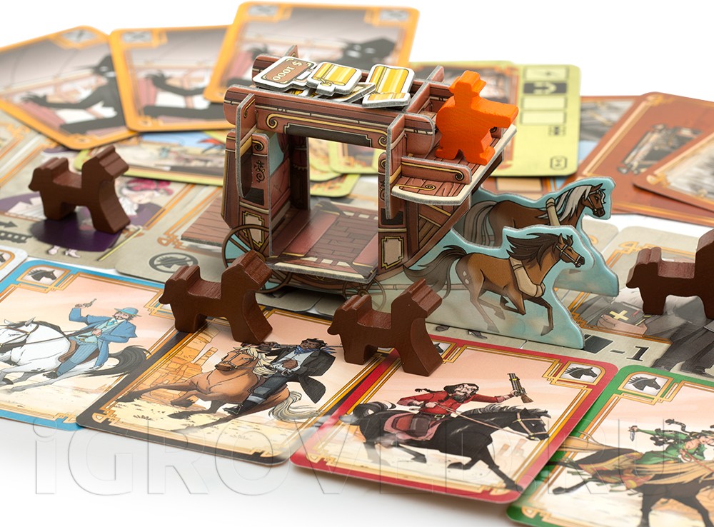 Компоненты настольной игры Кольт Экспресс: Лошади и Дилижанс (Colt Express: Horses and Stagecoach, дополнение)