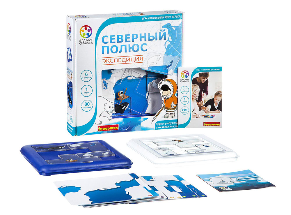 Коробка и компоненты настольной игры-головоломки Северный полюс. Экспедиция