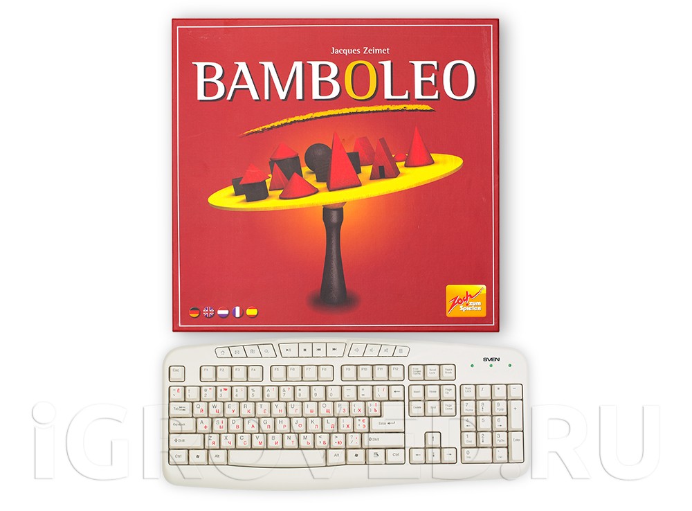 Коробка настольной игры Бамболео (Bamboleo) в сравнении с клавиатурой