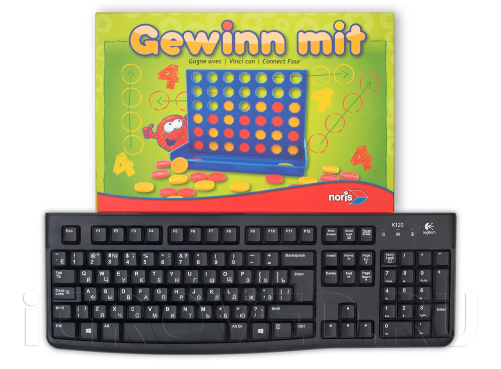 Коробка настольной игры Четыре в ряд (Gewinn mit) в сравнении с клавиатурой