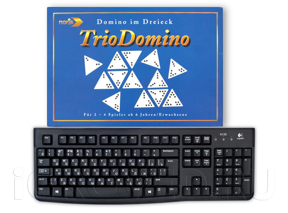 Коробка настольной игры Тримино (Triodomino) в сравнении с клавиатурой
