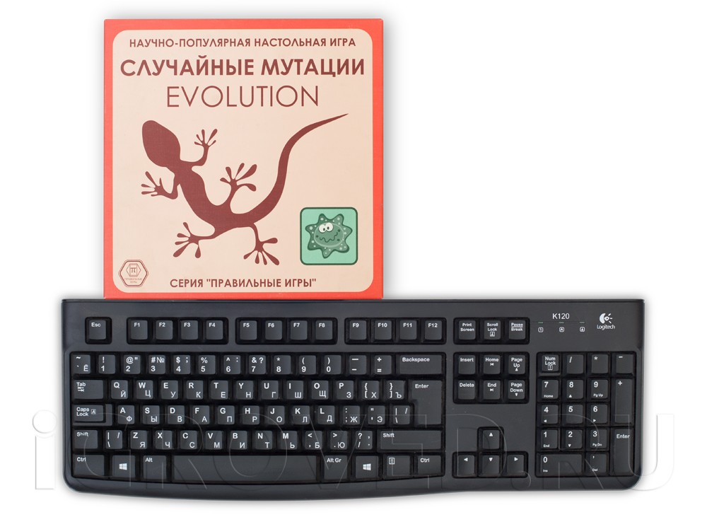 Коробка настольной игры Эволюция. Случайные мутации в сравнении с клавиатурой