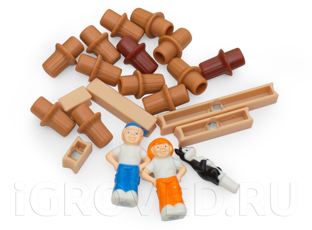 2 фигурки туристов, 1 фигурка котёнка, пеньки, доски